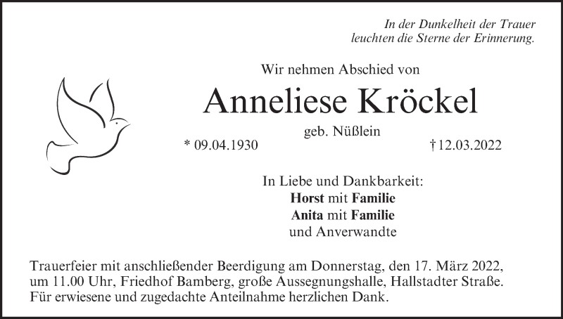  Traueranzeige für Anneliese Kröckel vom 15.03.2022 aus MGO