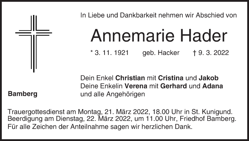  Traueranzeige für Annemarie Hader vom 19.03.2022 aus MGO