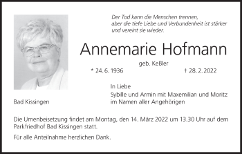 Anzeige von Annemarie Hofmann von MGO