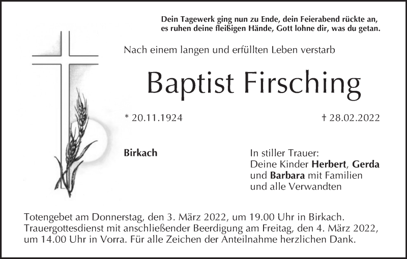  Traueranzeige für Baptist Firsching vom 02.03.2022 aus MGO