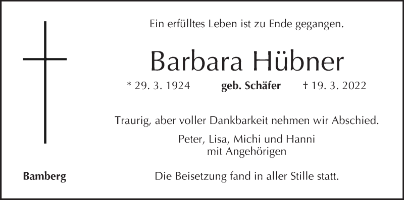  Traueranzeige für Barbara Hübner vom 26.03.2022 aus MGO