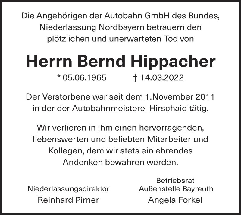  Traueranzeige für Bernd Hippacher vom 19.03.2022 aus MGO
