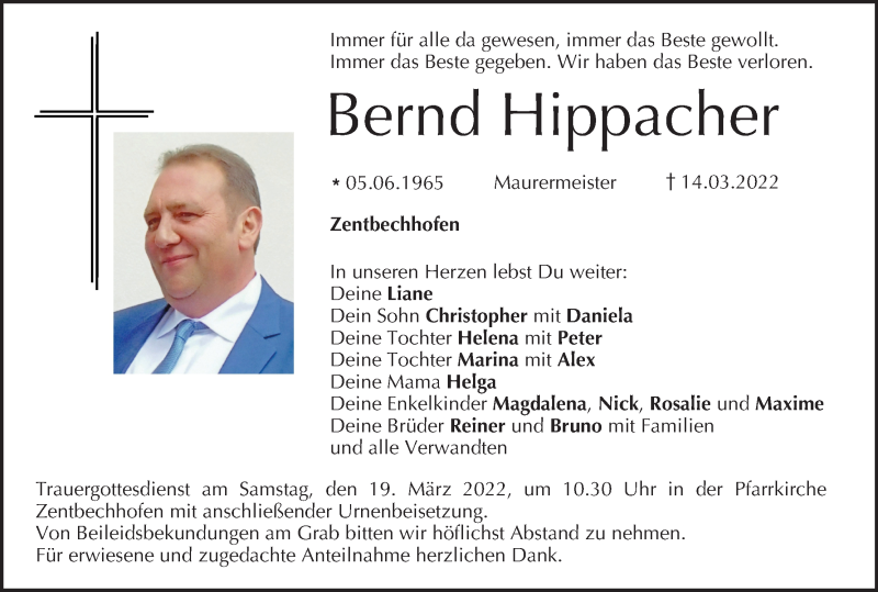  Traueranzeige für Bernd Hippacher vom 17.03.2022 aus MGO