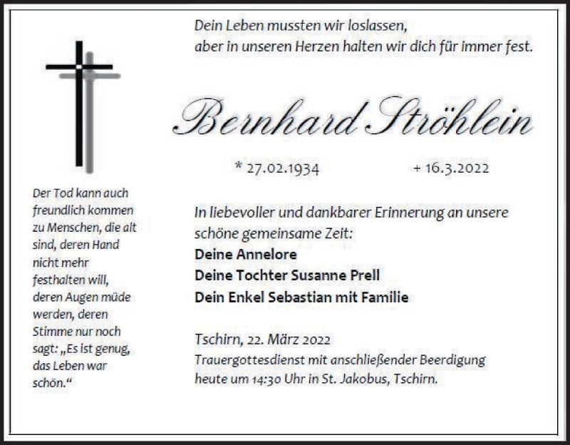  Traueranzeige für Bernhard Ströhlein vom 22.03.2022 aus MGO