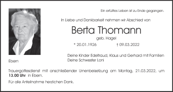 Anzeige von Berta Thomann von MGO