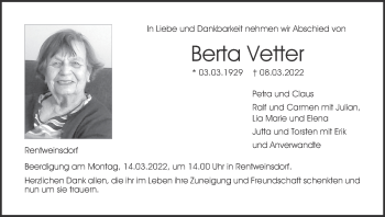 Anzeige von Berta Vetter von MGO