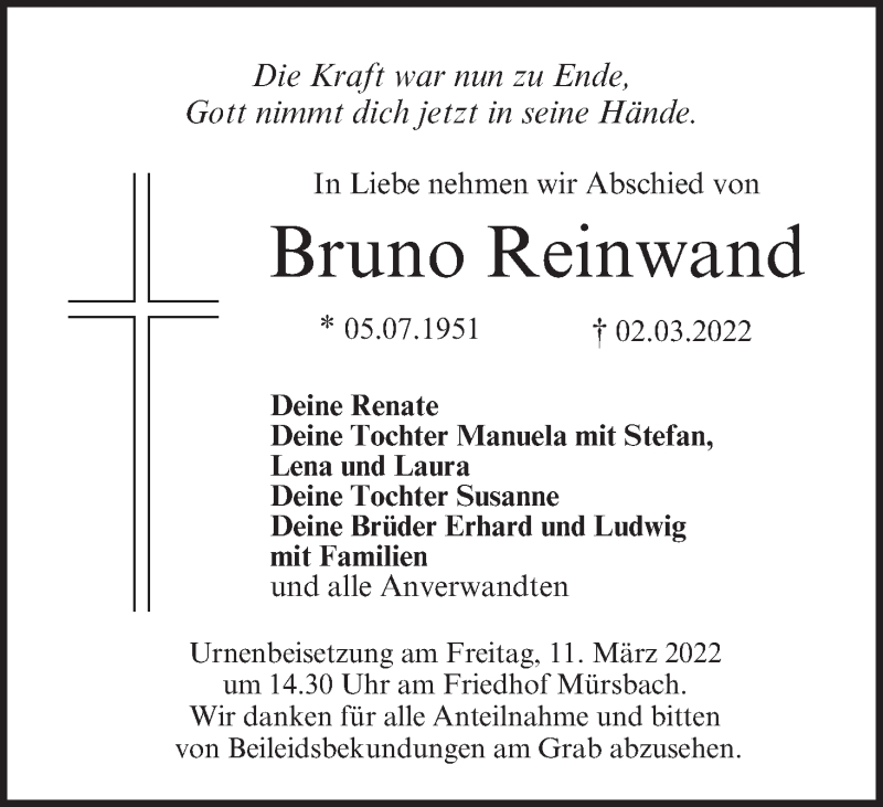  Traueranzeige für Bruno Reinwand vom 09.03.2022 aus MGO