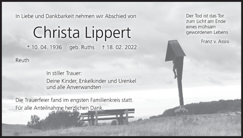  Traueranzeige für Christa Lippert vom 05.03.2022 aus MGO
