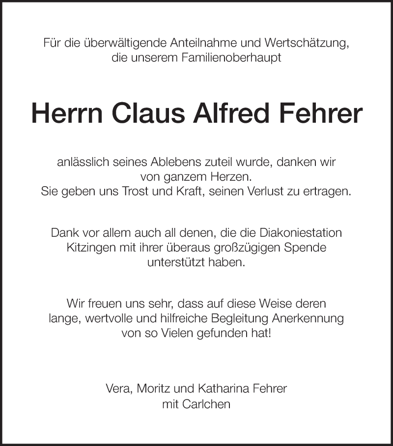  Traueranzeige für Claus Alfred Fehrer vom 05.03.2022 aus MGO