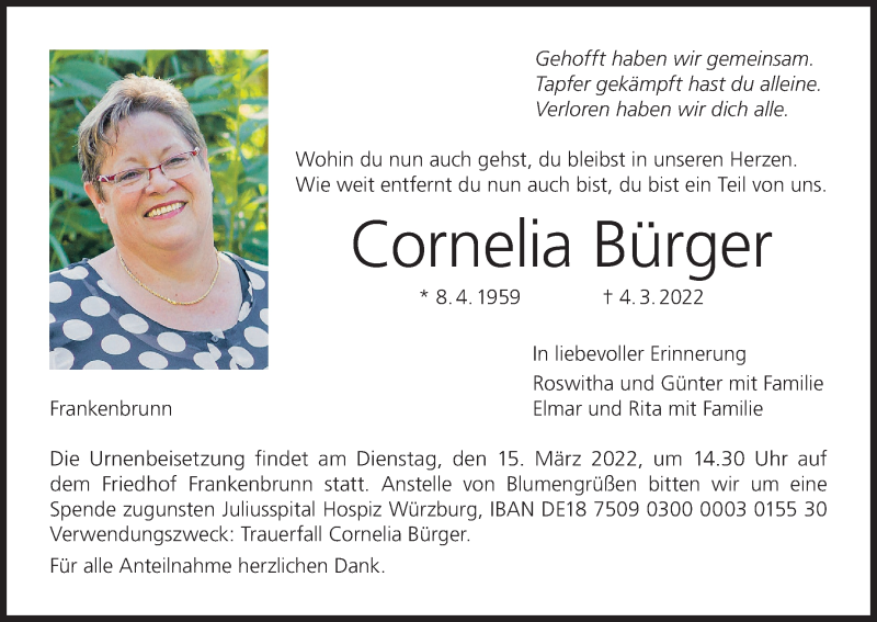  Traueranzeige für Cornelia Bürger vom 12.03.2022 aus MGO