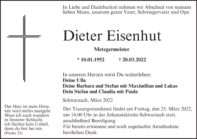  Traueranzeige für Dieter Eisenhut vom 23.03.2022 aus MGO