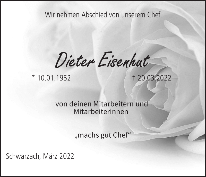  Traueranzeige für Dieter Eisenhut vom 25.03.2022 aus MGO