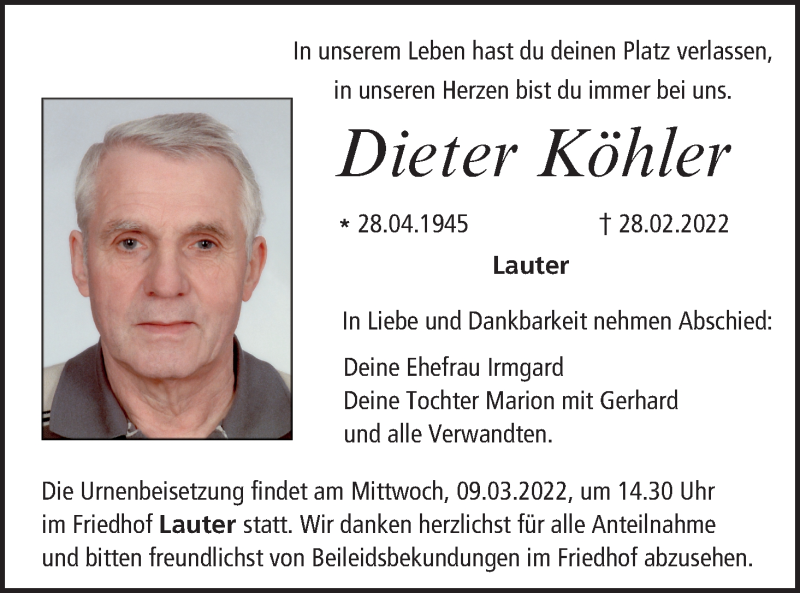  Traueranzeige für Dieter Köhler vom 05.03.2022 aus MGO