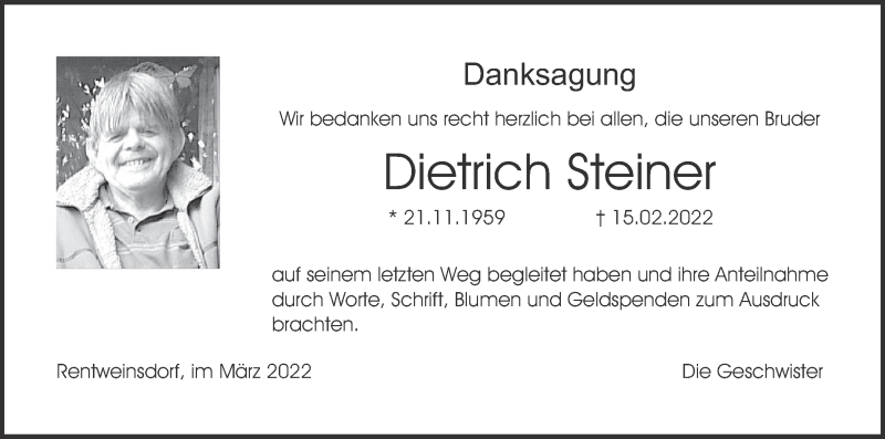  Traueranzeige für Dietrich Steiner vom 26.03.2022 aus MGO