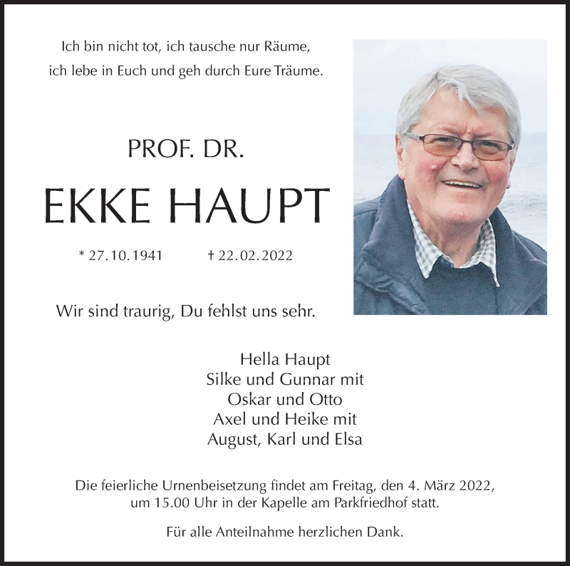  Traueranzeige für Ekke Haupt vom 01.03.2022 aus MGO