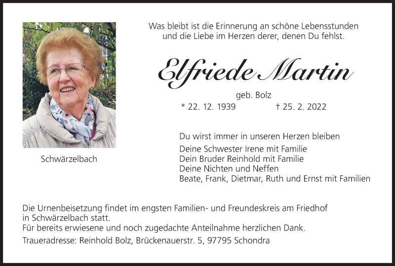 Traueranzeige für Elfriede Martin vom 05.03.2022 aus MGO