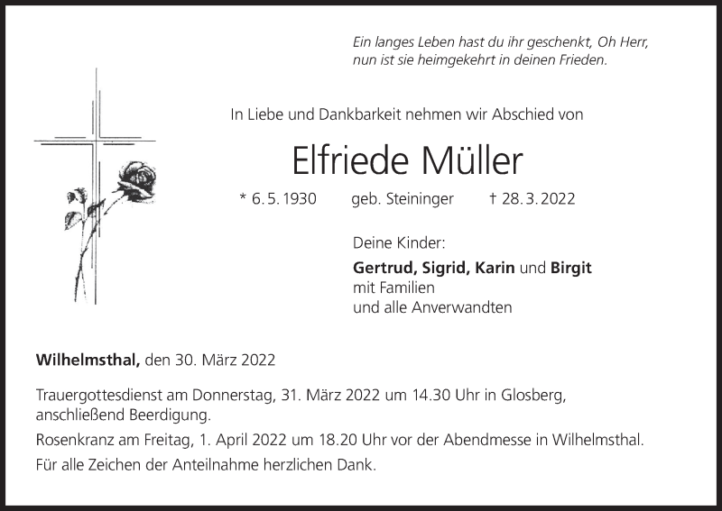  Traueranzeige für Elfriede Müller vom 30.03.2022 aus MGO