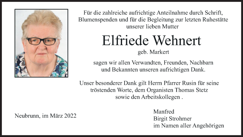  Traueranzeige für Elfriede Wehnert vom 19.03.2022 aus MGO