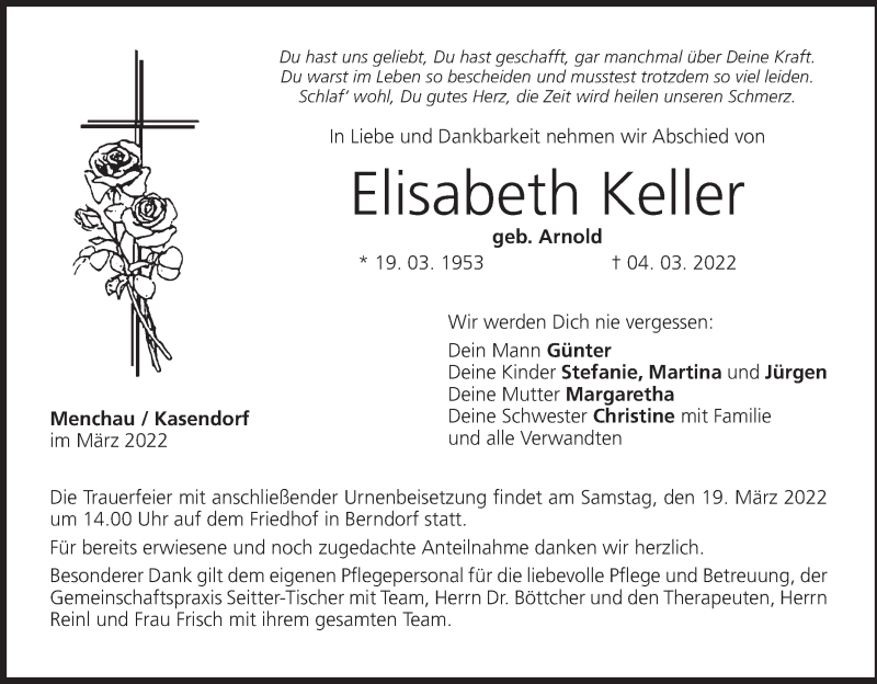  Traueranzeige für Elisabeth Keller vom 15.03.2022 aus MGO