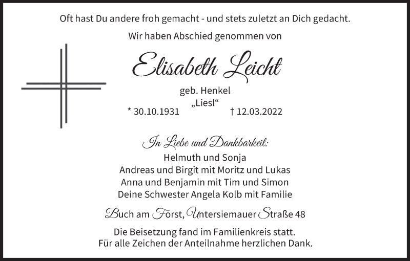  Traueranzeige für Elisabeth Leicht vom 26.03.2022 aus MGO