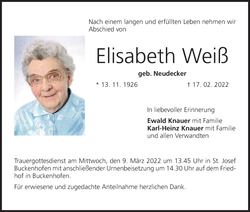  Traueranzeige für Elisabeth Weiß vom 05.03.2022 aus MGO