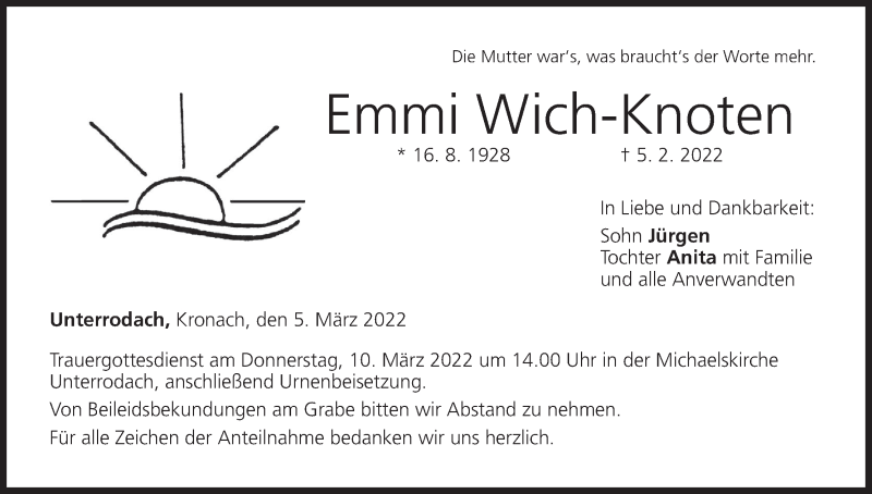 Traueranzeige für Emmi Wich-Knoten vom 05.03.2022 aus MGO
