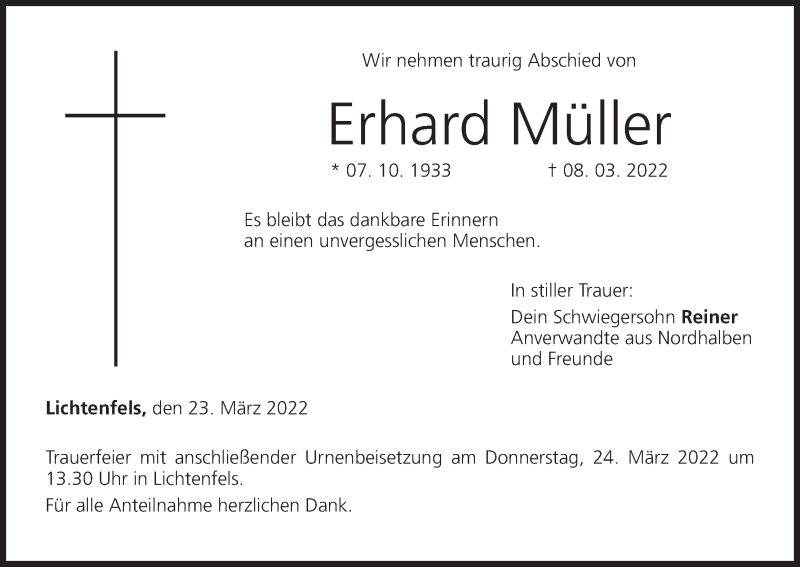  Traueranzeige für Erhard Müller vom 23.03.2022 aus MGO