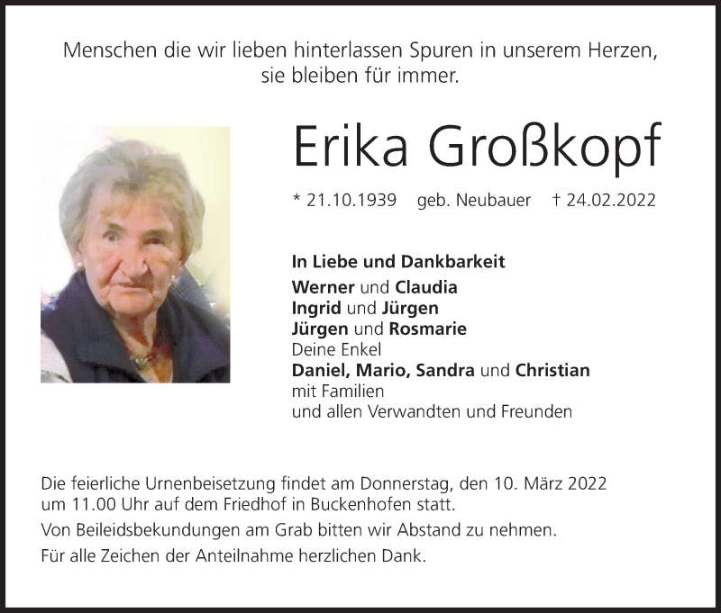  Traueranzeige für Erika Großkopf vom 05.03.2022 aus MGO