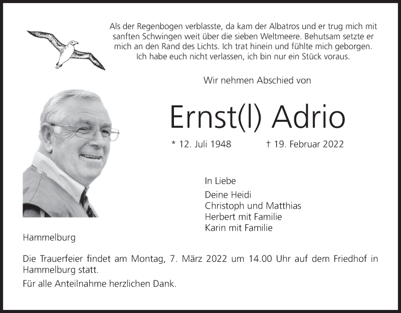 Traueranzeige für Ernst Adrio vom 02.03.2022 aus MGO