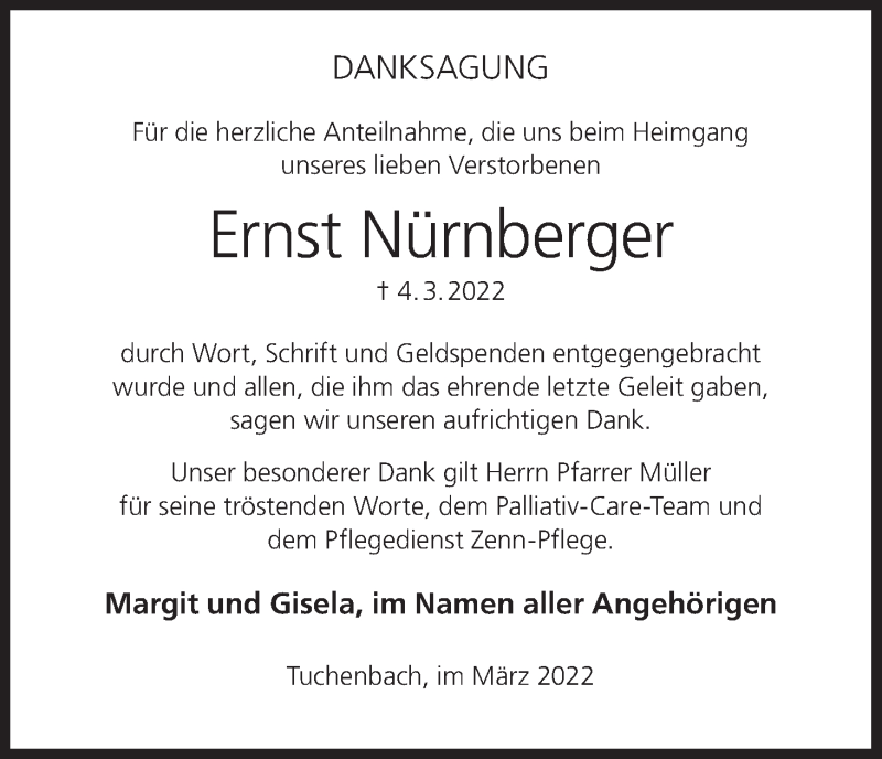  Traueranzeige für Ernst Nürnberger vom 19.03.2022 aus MGO