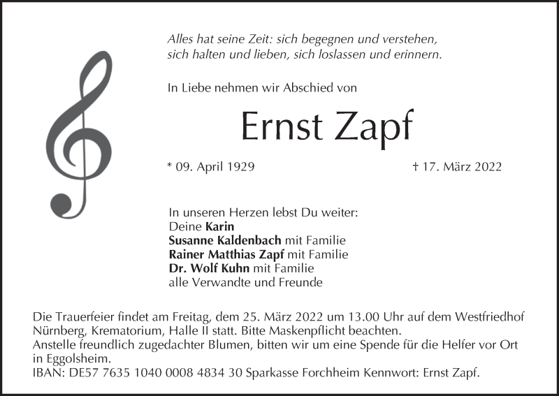  Traueranzeige für Ernst Zapf vom 19.03.2022 aus MGO