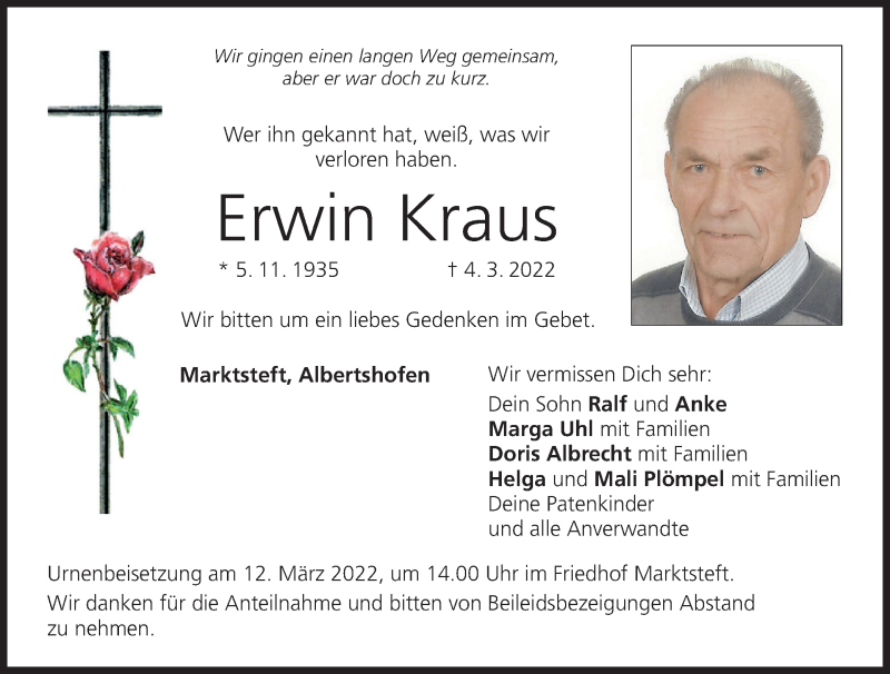  Traueranzeige für Erwin Kraus vom 09.03.2022 aus MGO