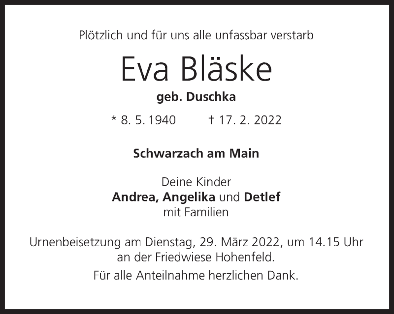 Traueranzeige für Eva Bläske vom 26.03.2022 aus MGO
