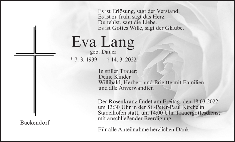  Traueranzeige für Eva Lang vom 17.03.2022 aus MGO