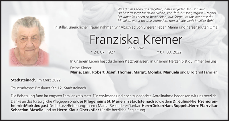  Traueranzeige für Franziska Kremer vom 12.03.2022 aus MGO
