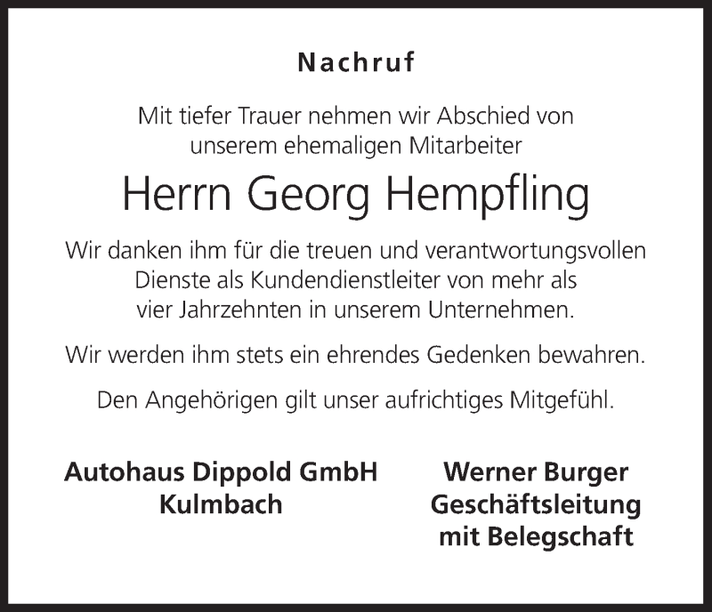  Traueranzeige für Georg Hempfling vom 12.03.2022 aus MGO