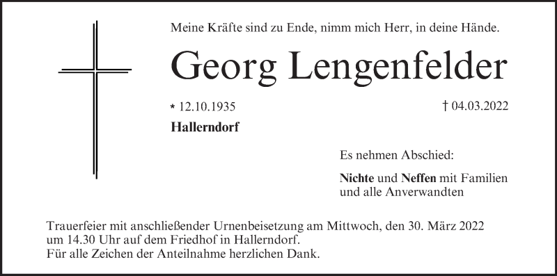  Traueranzeige für Georg Lengenfelder vom 26.03.2022 aus MGO