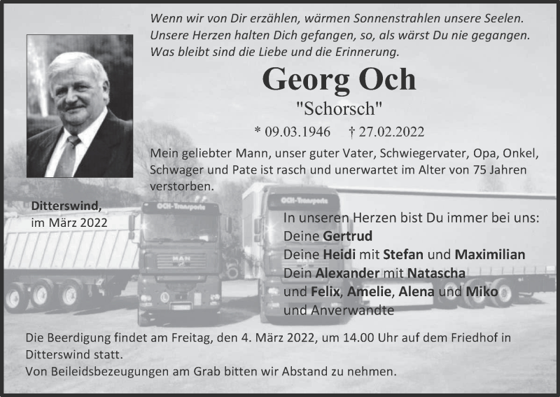  Traueranzeige für Georg Och vom 02.03.2022 aus MGO