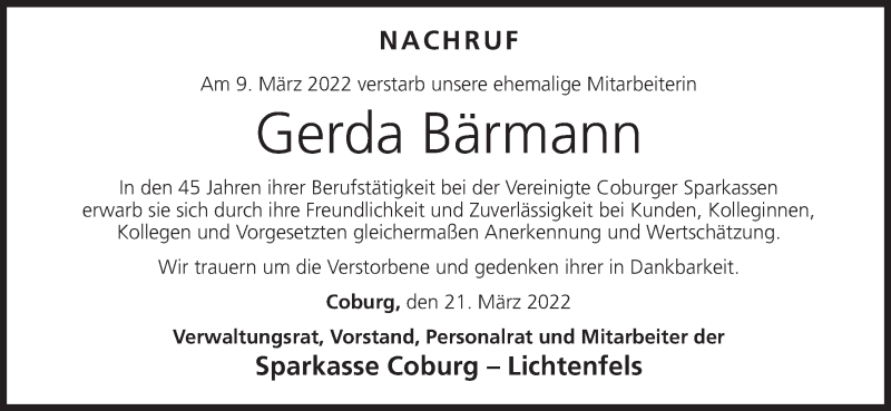  Traueranzeige für Gerda Bärmann vom 22.03.2022 aus MGO
