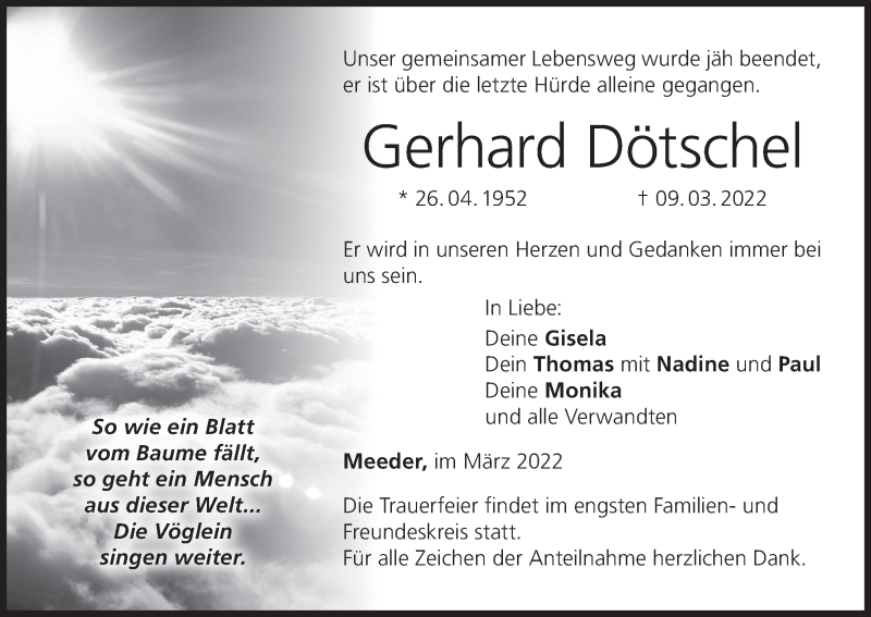  Traueranzeige für Gerhard Dötschel vom 19.03.2022 aus MGO