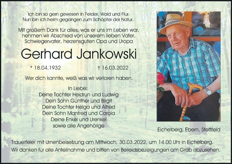 Traueranzeige für Gerhard Jankowski vom 26.03.2022 aus MGO