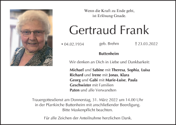 Anzeige von Gertraud Frank von MGO
