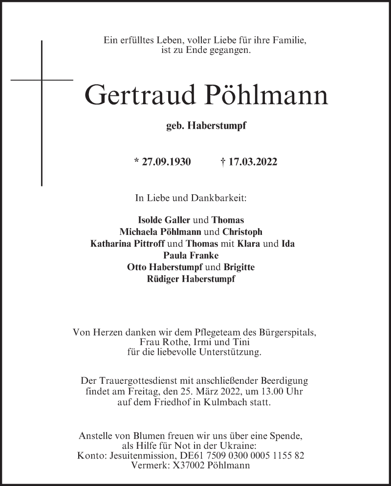  Traueranzeige für Gertraud Pöhlmann vom 23.03.2022 aus MGO