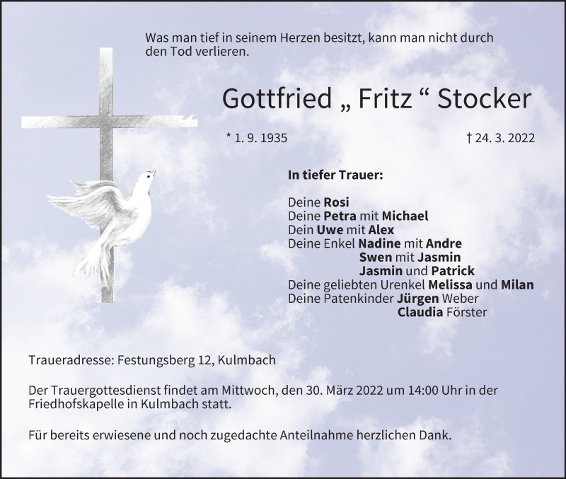  Traueranzeige für Gottfried Stocker vom 29.03.2022 aus MGO