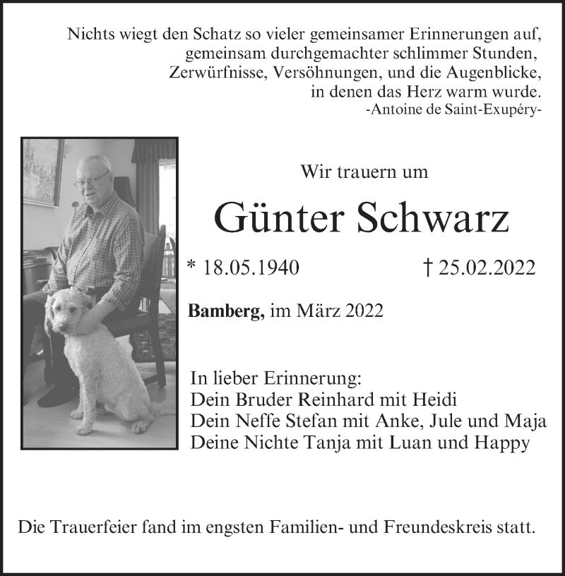  Traueranzeige für Günter Schwarz vom 19.03.2022 aus MGO