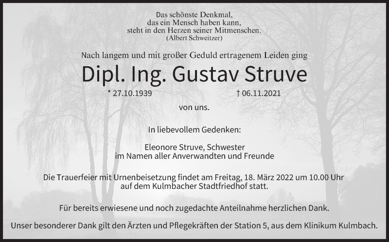  Traueranzeige für Gustav Struve vom 12.03.2022 aus MGO