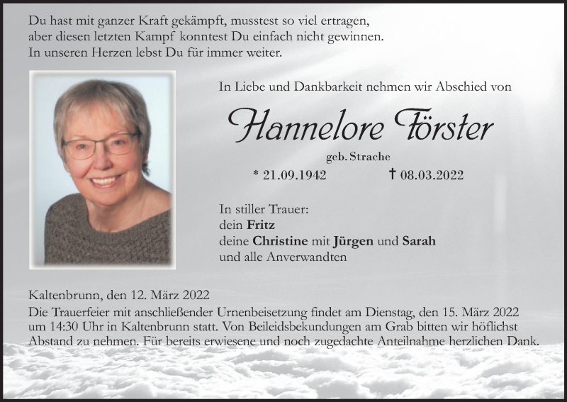  Traueranzeige für Hannelore Förster vom 12.03.2022 aus MGO