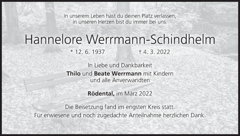  Traueranzeige für Hannelore Werrmann-Schindhelm vom 12.03.2022 aus MGO