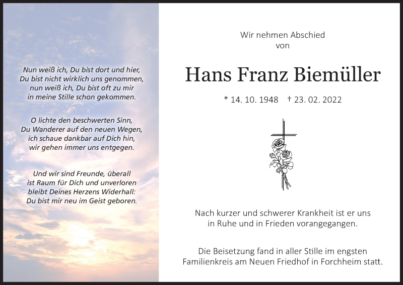  Traueranzeige für Hans Franz Biemüller vom 09.03.2022 aus MGO