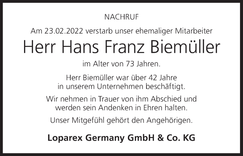  Traueranzeige für Hans Franz Biemüller vom 10.03.2022 aus MGO
